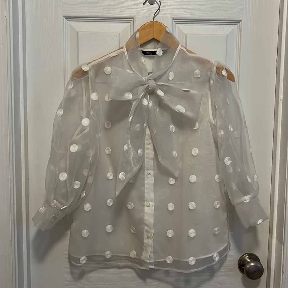 *LAST CHANCE* ZARA Sheer Polka Dot Tie Neck Blouse